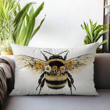 1pc Bee & Floral Single-Sided Printed Velvet Decorative Throw Pillow Case, 30*50cm