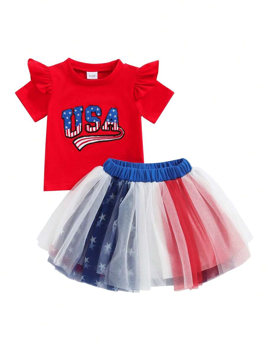 Kids Girls 4th Of July Outfits Letter Embroidery Short Sleeve T-Shirt And Tulle Skirt Set Toddler Summer Clothes - Red - View 1