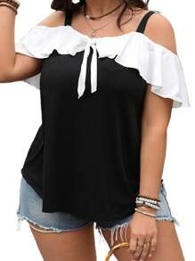 Women Plus Size Tank Tops Stylish Bow Design Contrast Color Ruffled Summer Cold Shoulder Vest