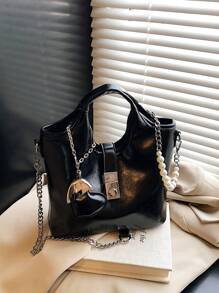 1pc Heart Letter Faux Pearl Decor Fashion Chain Strap Bucket Bag, Versatile Shoulder & Crossbody Bag For Women Daily Use, Comes With Heart-Shaped Ornament