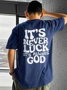 1 chiếc áo thun ngắn tay cổ tròn in hình thiên nhiên phong cách thường ngày cho bé trai tuổi teen, áo thun mùa hè dành cho học sinh - Thiết kế chữ "Không phải do may mắn, mà là do Chúa" - Màu xanh hải quân - Xem 10