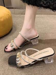 Chunky Heel Rhinestone Embellished Strap Sandals, French Style Crystal High Heels For Women, Summer