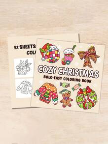 1pc 52 Pages Christmas Coloring Book, Simple & Cute Coloring Book For Kids, Birthday/Holiday Gift