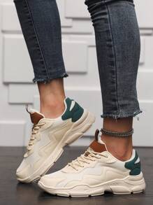 Women's Stylish Mesh Sneakers - Lace Up Platform Chunky Sneakers With Breathable Thick Soles For Comfort! - Beige - View 1