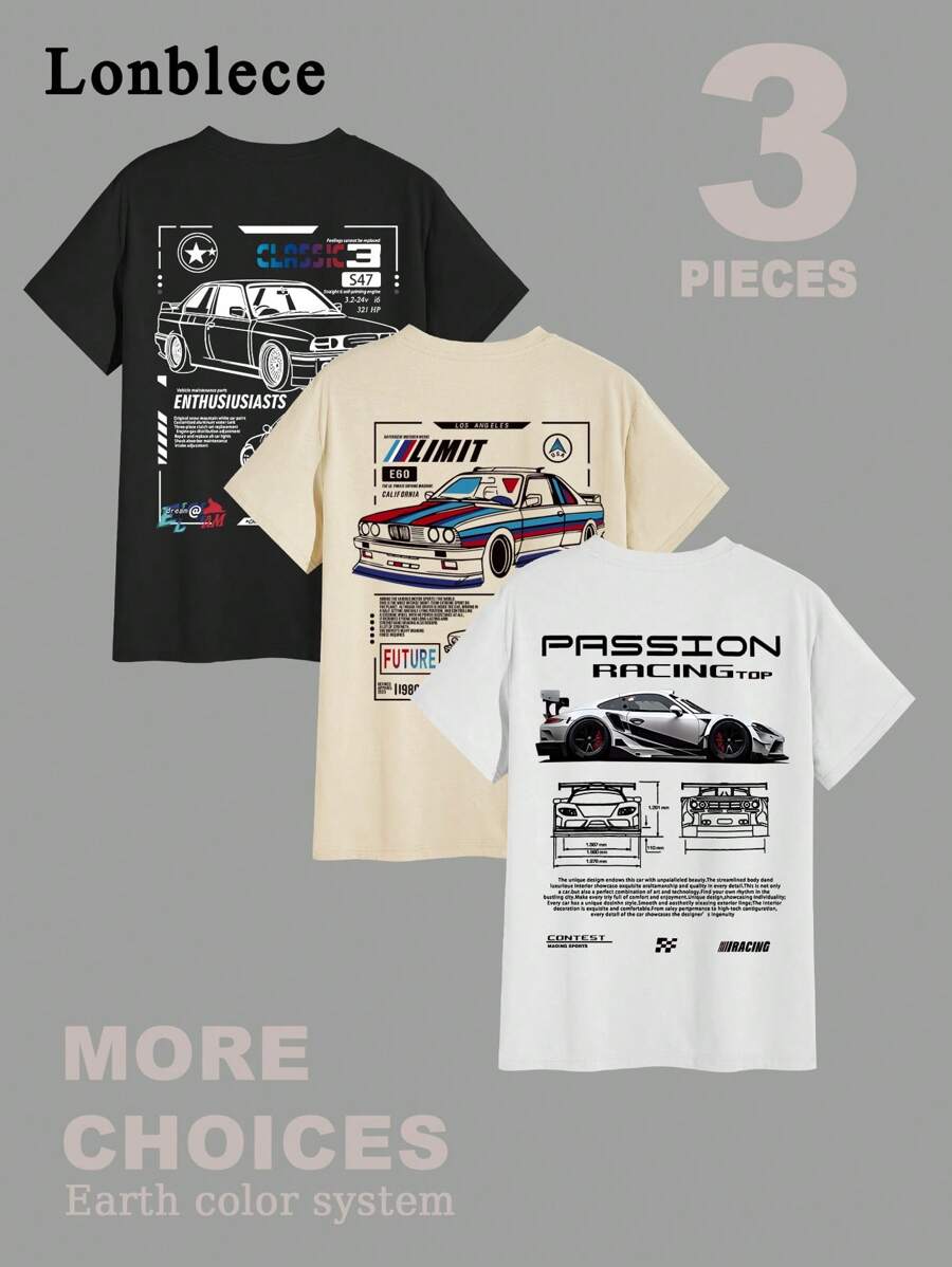 Lonblece 3pcs Unisex Crew Neck T-Shirts With Racing Element Print, Casual And Comfortable Tee - Multicolor - View 1
