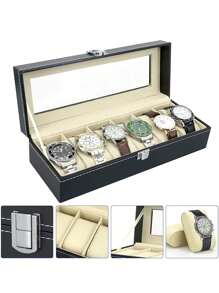 Caja de reloj con 6 compartimentos de piel sintética negra y forro blanco, con tapa de cristal, cojín extraíble, regalo creativo de Navidad - Negro - Ver 8