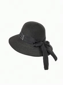 1 pieza Sombrero de paja de verano de unicolor para mujer, sombrero redondo de moda versátil y casual con decoración de perlas y moño, adecuado para compras diarias