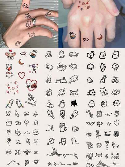 STARTTOOS 6pcs Mini Cartoon Animal, Butterfly & Heart Temporary Tattoos, Small Size For Finger, Ear, Shoulder, Neck, Clavicle Skin, Suitable For Daily Use, Parties & Gifts