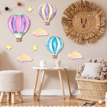 9 PIEZAS Decoraciones colgantes de pared de madera con globos aerostáticos en púrpura, azul y rosa, decoración de pared con nubes y estrellas, cartel de madera para decoración del hogar en dormitorio, salón de clases y sala de juegos