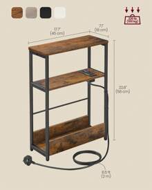 VASAGLE Slim Side Table With Charging Station, 3-Tier Narrow Bedside Table, End Table For Small Spaces, Magazine Rack, For Living Room, Bedroom, Study, Rustic Brown And Ink Black - UK Plug(220-240V) - View 6