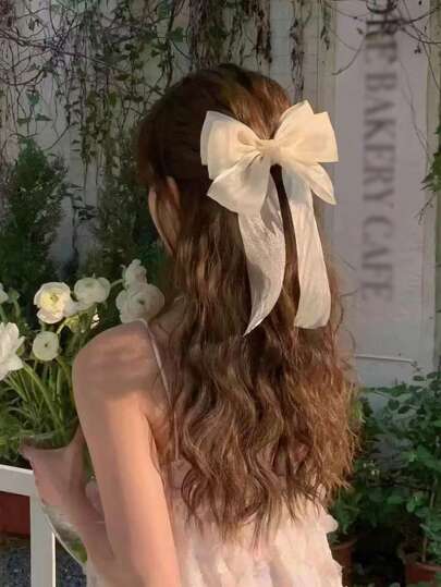 1个米色亮面网纱三层蝴蝶结超大波浪丝带发夹，优雅柔美春季发饰，适合上学、大学、学院风、可爱、时尚、冬季女装、发饰、头饰、女士发饰、爪夹