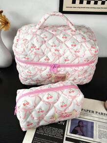 1Piece Pink Bow&Cherry Cosmetic Bag Flowers Quited Travel Cosmetic Bag, Quilted Toiletry Bag Large Capacity Women Makeup Bag Girls Make Up Storage Bag ,Makeup Pouch Skincare Bag Toiletry Bag ,Tampon Storage Bag Sanitary Pad Pouch Napkin Storage Bag For Travel, Vacation And School Use, Wedding Bridesmaid Gifts,Mom Gifts,Birthday Gifts,Gifts For Friends - Pink - View 3