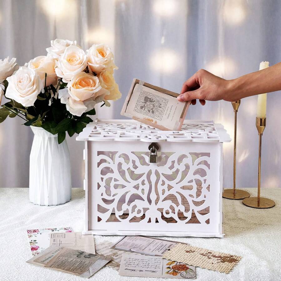 1pc White PVC Wedding Card Box With Lock, Striped Or Bird Pattern Wedding Card Box, Suitable For Receptions, Parties, DIY Envelopes And Money Cards - Perfect For Graduation Ceremonies, Birthday Parties Gifts Birthday Decorations Party Decorations Bachelorette - White - View 1