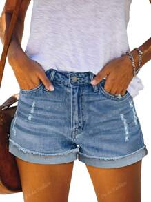 Pantaloni scurti din denim casual, eleganti, cu buzunar frontal cu nasturi