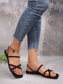 Fashionable & Versatile French Breeze Sandals, Korean Style Delicate Strap Graceful Flat Slippers, Suitable For Summer Outdoor Wear - Black - View 5