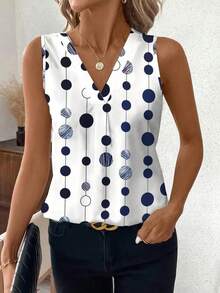 Damski bezrękawnik z dekoltem w serek i nadrukiem w kropki, swobodny top