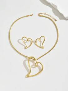 1pc Metal Hollow Heart Necklace And 1 Pair Earrings Set, Minimalist Fashion Style, Suitable For Parties & Gifting