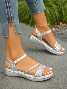 大码女式夏季新款时尚优雅编织银色绑带踝带圆头厚底凉鞋，舒适百搭日常穿着鞋 - 銀色 - 查看 3