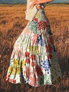 Plus Size Women's Casual Floral & Plant Print Pull-On Elastic Waist Long Skirt, Elegant Style For Spring/Summer - Red - View 2