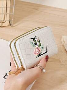 Portacarteras de mujer con textura de cocodrilo y piedra, con múltiples ranuras para tarjetas, bolsillo con cierre de doble cremallera para monedas y ventana para identificación - Impresión personalizada con letra del alfabeto A-Z, diseño de hojas verdes y flores rosas, organizador de tarjetas portátil y funcional para tarjetas de crédito