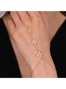 1 pieza Brazalete con anillo floral conectado, decoraciones elegantes y versátiles de cadena de mano con zirconia sintética para mujeres