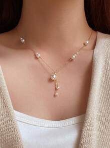 1pc Sterling 925 Silver Exquisite Elegant Fashionable Pearl Tassel Pendant Collar Chain Necklace For Women Daily Wearing Friendship Jewelry Gift - Gold - View 3