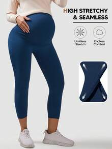 Maternity Abdominal Support 3/4 High Waist Full Length Leggings With Expandable Abdominal Support Panel - Blue - View 2