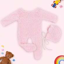 婴儿羊毛摄影道具服装婴儿熊连体衣带帽新生儿摄影道具连体衣适合0-3个月婴儿洗澡复活节礼物适合女孩/男孩 - 彩色 - 查看 15