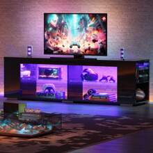 Pinmoco LED TV Stand For TVs Up To 80", Gaming Entertainment Center With Side Bookshelf And 4 Open Shelves, White - Black - View 1