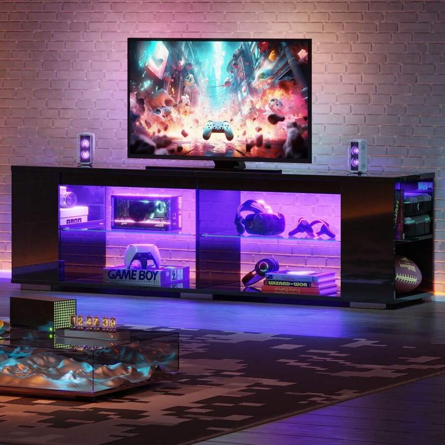 Pinmoco LED TV Stand For TVs Up To 80", Gaming Entertainment Center With Side Bookshelf And 4 Open Shelves, White - Black - View 1