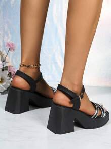 2025 Comfortable Thick-Sole Foldable Fashion Rhinestone Decor High Heel Sandals