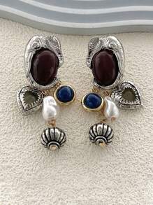 复古优质仿珍珠宝石动物金属象形吊坠耳环