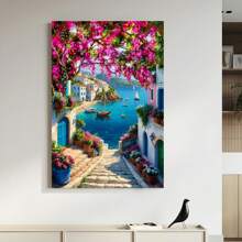 1 Cartel de impresión en lienzo de una aldea escénica frente a la playa, arte de pared moderno, pintura decorativa, adecuada para el hogar, dormitorio, sala de estar, baño, oficina, decoración del hogar, decoración de pared