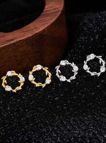 1pc S925 Sterling Silver Flower Wreath Stud Earrings For Women, Elegant, High-End, Mori Style, Zirconia Decoration, Suitable For Daily Wear
