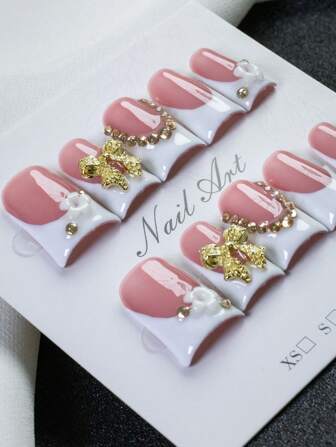 10pcs Y2K Style Short Duck Mouth Press On Nails, Red & White French Manicure Handmade False Nails With Gold Bow & Flower Decor, Fashion Nail Art Supplies Suitable For Daily & Party Wear, Great Gift For Women & Girls