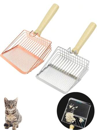 猫屎铲 2 合 1 耐用木柄猫砂铲小猫厕所清洁工具猫咪配件