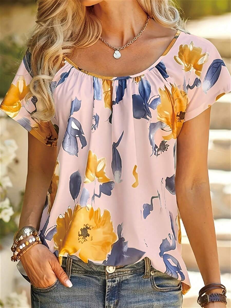 Áo cánh cổ tròn in hoa giản dị ngày lễ cho nữ - Hồng - Xem 1