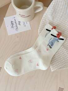 5 Pairs Women's Assorted Color Animal Pattern Mid-Calf Socks, Fashionable Versatile, Soft & Comfortable For Everyday Wear