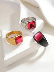 1pc Titanium Steel Rose Gold Simulation Gemstone Inlaid Ring - 1357 Gold-plated + Rose Red - View 2