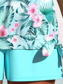 Ensemble tankini grande taille femme, débardeur et short, imprimé floral bleu ciel