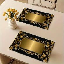Elegant Pearl & Golden Floral Linen Placemats (1/4/6pcs Set) - Non-Slip, Heat-Resistant, Machine Washable, Perfect For Dining & Coffee Tables - Ideal For Home Decor