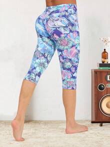 女士蓝色花卉印花紧身裤，弹力紧身裤，适合休闲、健身、锻炼、跑步、举重、瑜伽、居家室内、户外活动、海滩派对，七分之一长度，适合散步、购物 - 淺藍色 - 查看 2