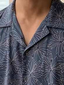 男士夏季短袖满版印花花卉图案 Polo 衫，时尚 - 藍色 - 查看 4