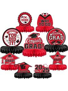 9Pcs/Set Graduation Party Decorations Class Of 2025 Congrats Grad, Table Centerpiece Congratulate Graduation Honeycomb Table Toppers For Graduation Party Supplies(Red,Black), Graduation Party, Perfection Table Centerpiece Toppers Party Supplies, Birthday Party Table Sign Decor - Multicolor - View 1