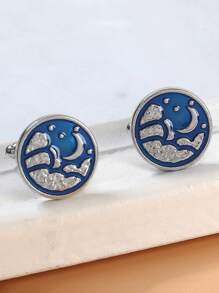 1 par de gemelos con estrella y luna redondas esmaltadas en azul, con textura grabada única para hombres - Azul - Ver 7