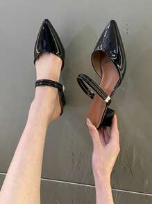 Sandalias de tacón bloque brillante con punta afilada para mujeres, estilo francés versátil sandalias de tacón medio con punta abierta, sandalias brillante negro con punta abierta y correa, diseño nuevo verano 2025, tacones altos para mujeres