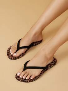 Ladies' Elegant & Comfortable Flip Flops, Leopard Print Casual Beach Summer Slippers, Versatile Flat Thong Sandals For Street, Vacation, Party And Outdoor