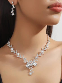 3 件套女士首饰套装，锌合金花朵形状，可调节项链，吊式耳环，高端新娘多功能首饰套装，婚礼舞会、派对、宴会可佩戴首饰套装 - 白色 - 查看 1