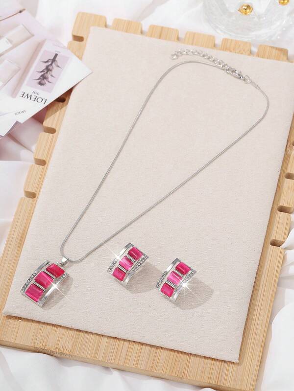 Juego de 3 piezas de joyería para mujer, colgante rectangular de moda y casual, conjunto de aretes, adecuado para uso diario, un regalo para amigos y madres