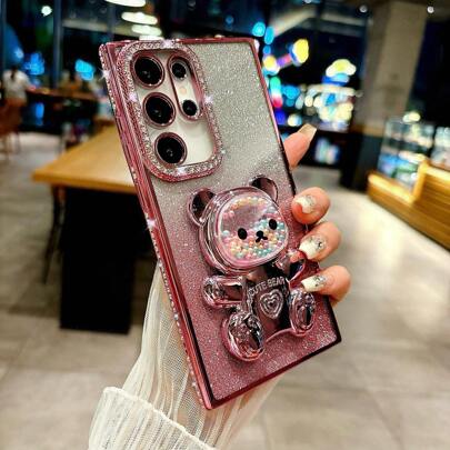 闪亮渐变闪光水钻卡通糖果液体珠熊可折叠支架手机壳适用于 17 16e 15 14 13 12 Pro Max 14 15 Plus 11、Galaxy A05 A05S A06 A07 A17 A12 A13 A14 A15 A25 A33 A35 A52 A53 A54 A55、S23 S24 S25、EDGE、Mate 50 60、X9a X9b、Magic 5 Lite 6 Lite、S23 S24 S25